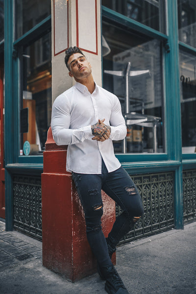 fitted white tapered shirt with distressed jeans by Tapered Menswear