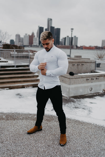 fitted white tapered shirt with skinny jeans by Tapered Menswear