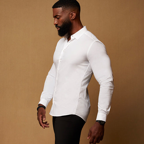 white tapered fit shirt that doesn't sag around the waist