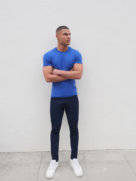 navy stretch jeans by tapered
