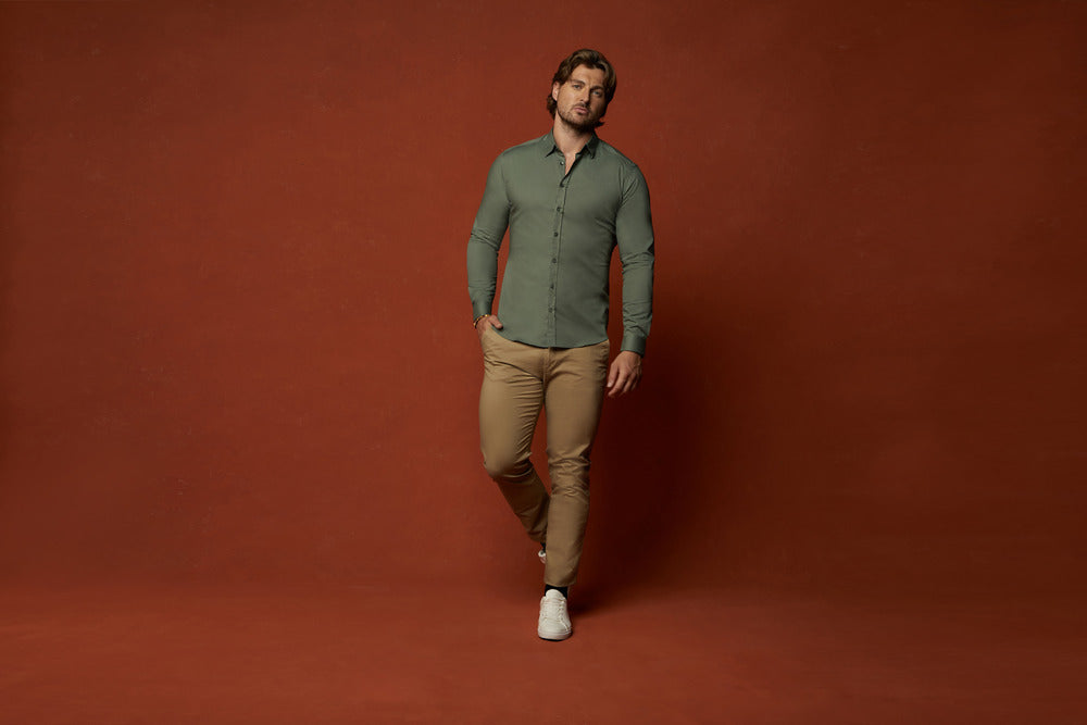 best fitting beige chinos for men with olive green shirt by Tapered Menswear