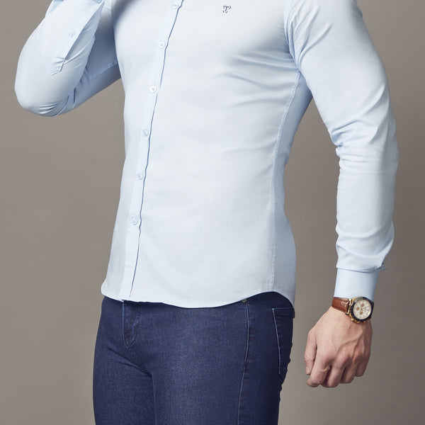 light blue fitted shirts with rounded hem by tapered menswear