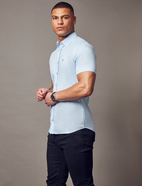 best sky blue fitted short sleeve shirts by Tapered Menswear