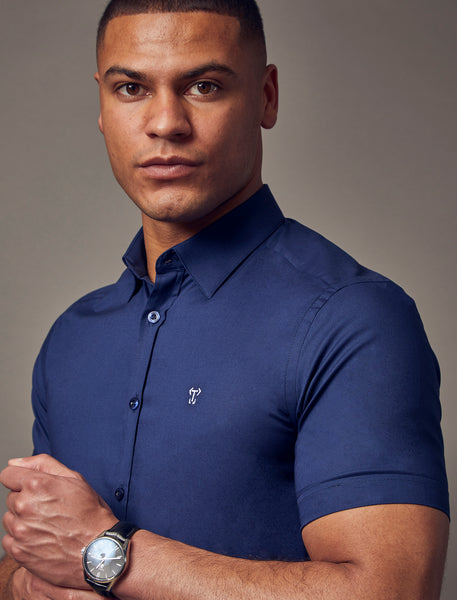 best navy blue fitted short sleeve shirts by Tapered Menswear