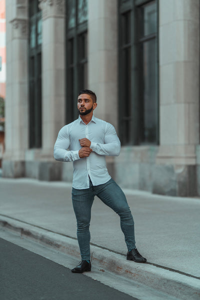 fitted white tapered shirt with light jeans by Tapered Menswear