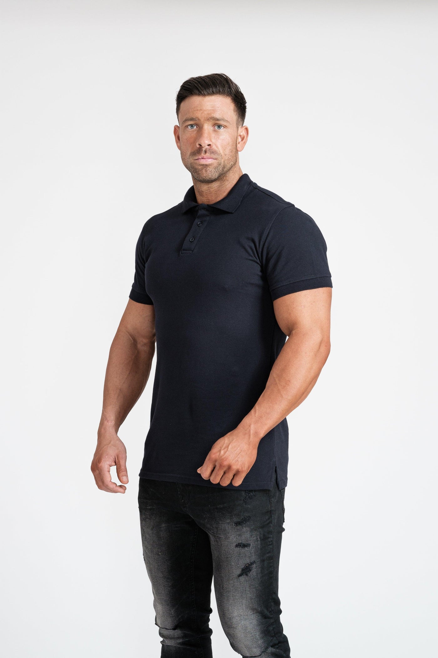 Navy Tapered Fit Polo Short Sleeve Shirt - Tapered Polo Shirts ...