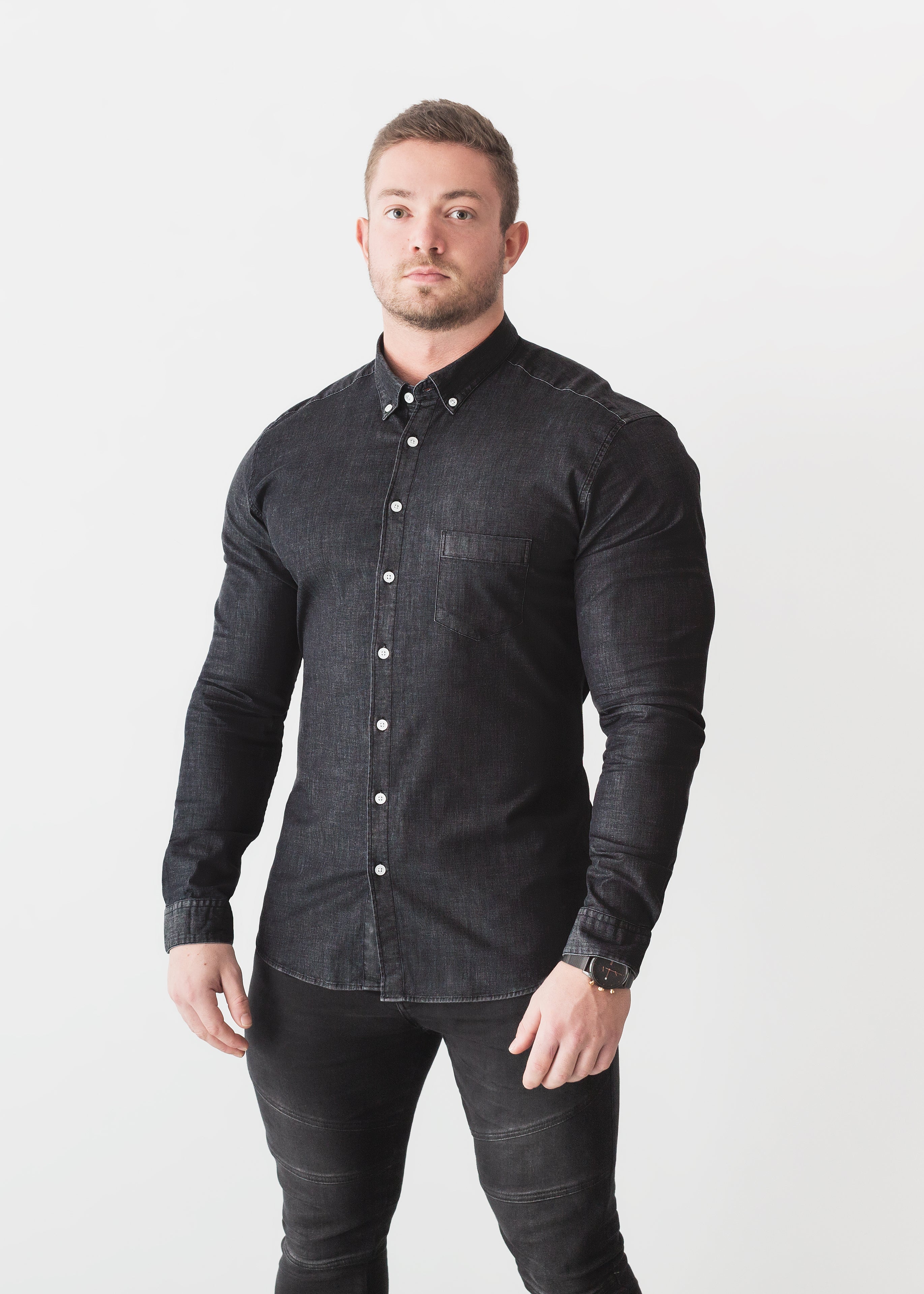 Black Denim Tapered Fit Shirt - Buy Muscle Fit Denim Shirt | Tapered ...