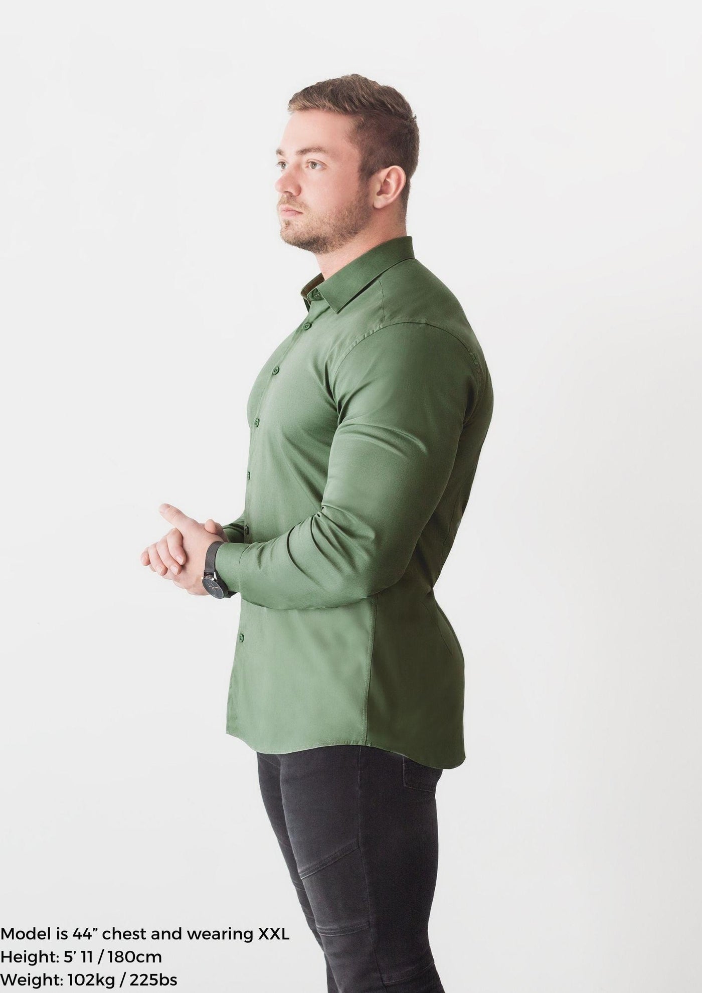 Olive Green Tapered Fit Shirt For Men. A Proportionally Fitted and Army Green Muscle Fit Shirt. Ideal for bodybuilders.