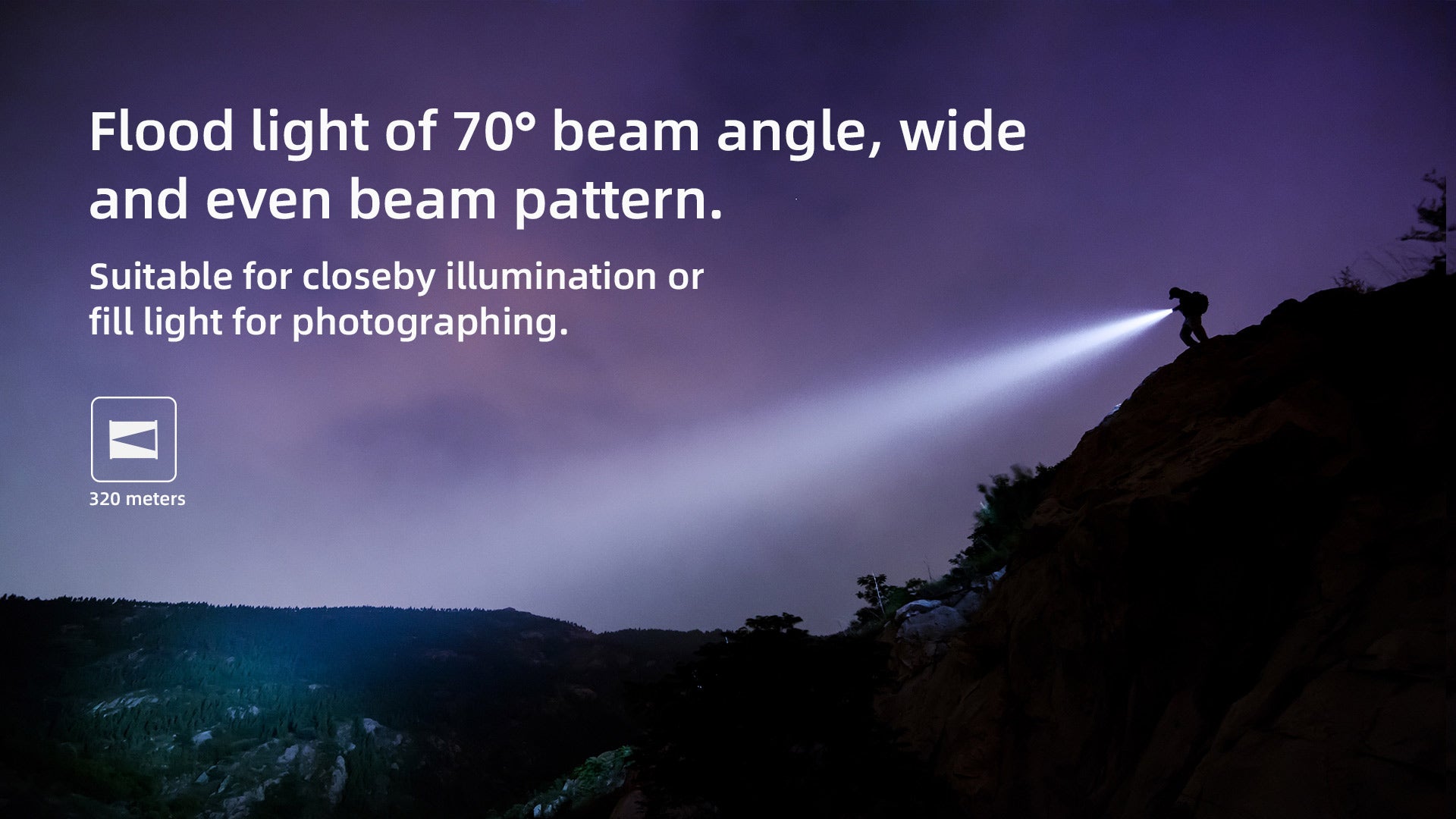 Flood light of 70° beam angle, wideand even beam pattern