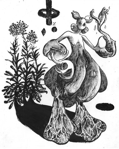 Black and white penned illustration by Malachi Lily