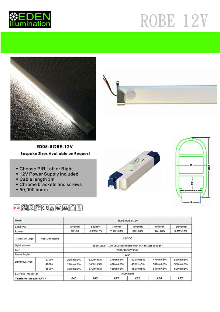 LED Wardrobe Rail 12V 120 LEDs per m, Eden illumination