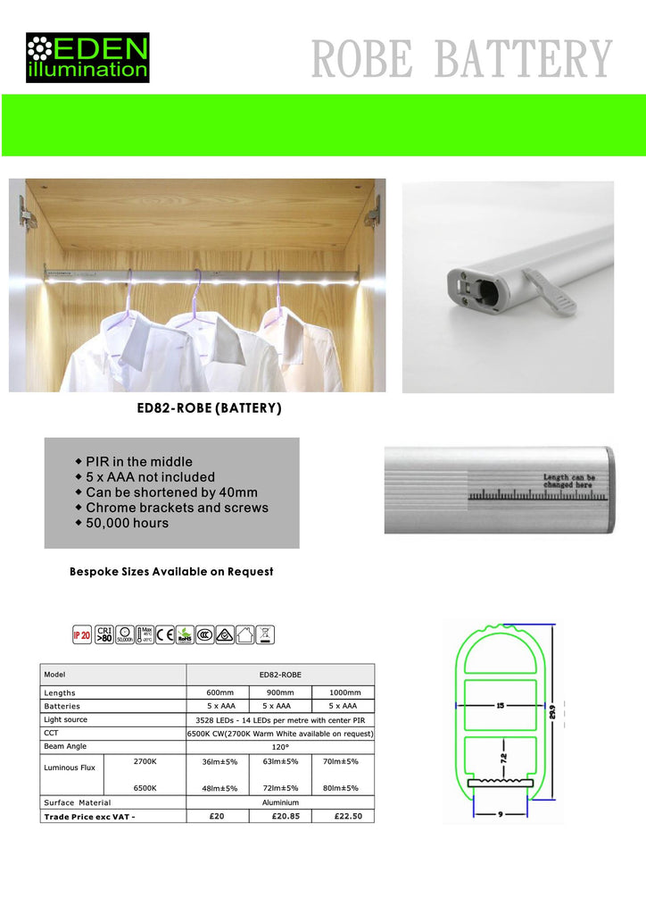 Eden illumination LED Wardrobe rail 1000mm 5 AAA battery version