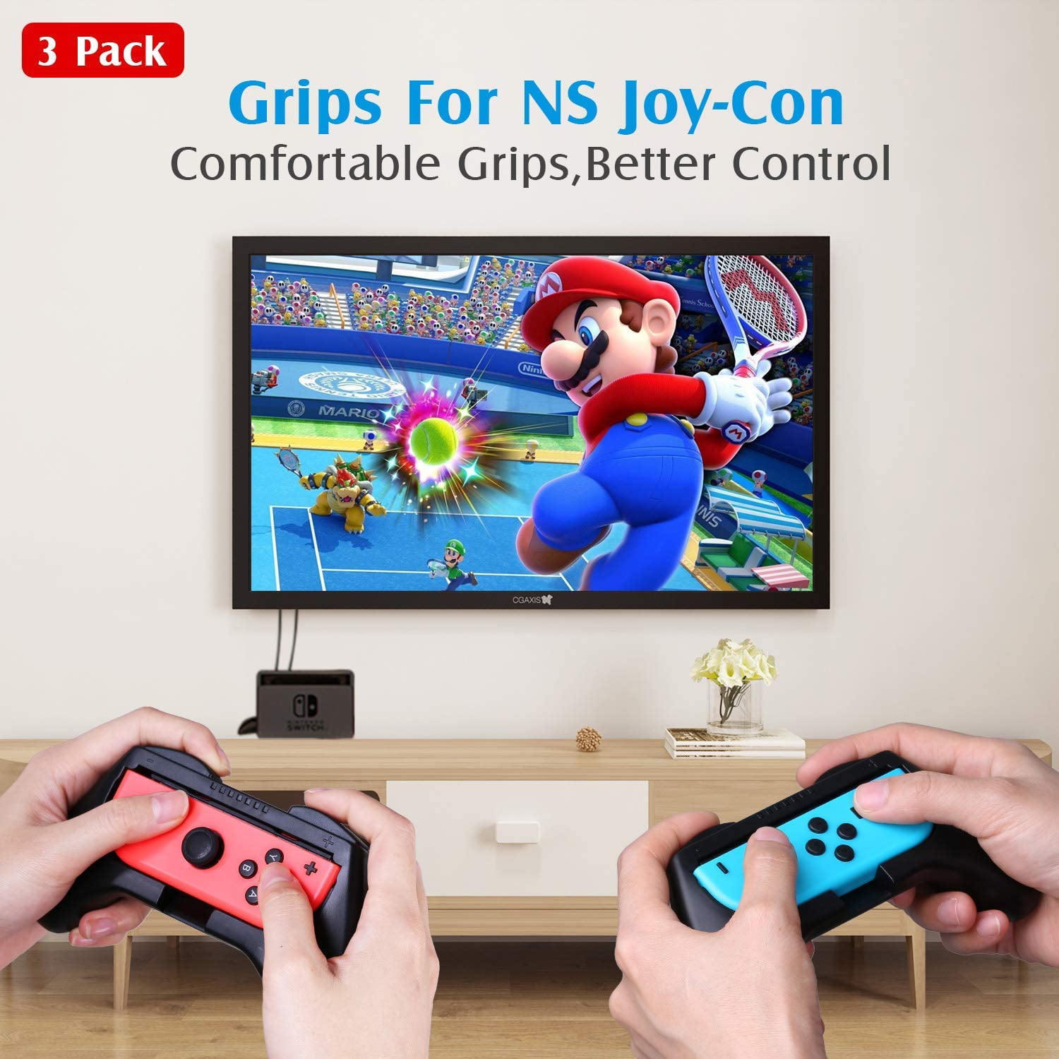 HEYSTOP Joy-Con Grip Compatible with Nintendo Switch/Switch OLED Joy-Con, 3 Pack, Wear Resistant Game Switch Controller Handle Case Kit for Nintendo Switch Joy Con, Black