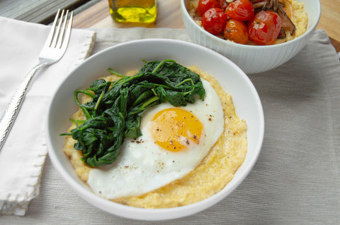 Carolina Grits Company Stone ground yellow grits.  Breakfast example with egg and spinach over yellow grits.