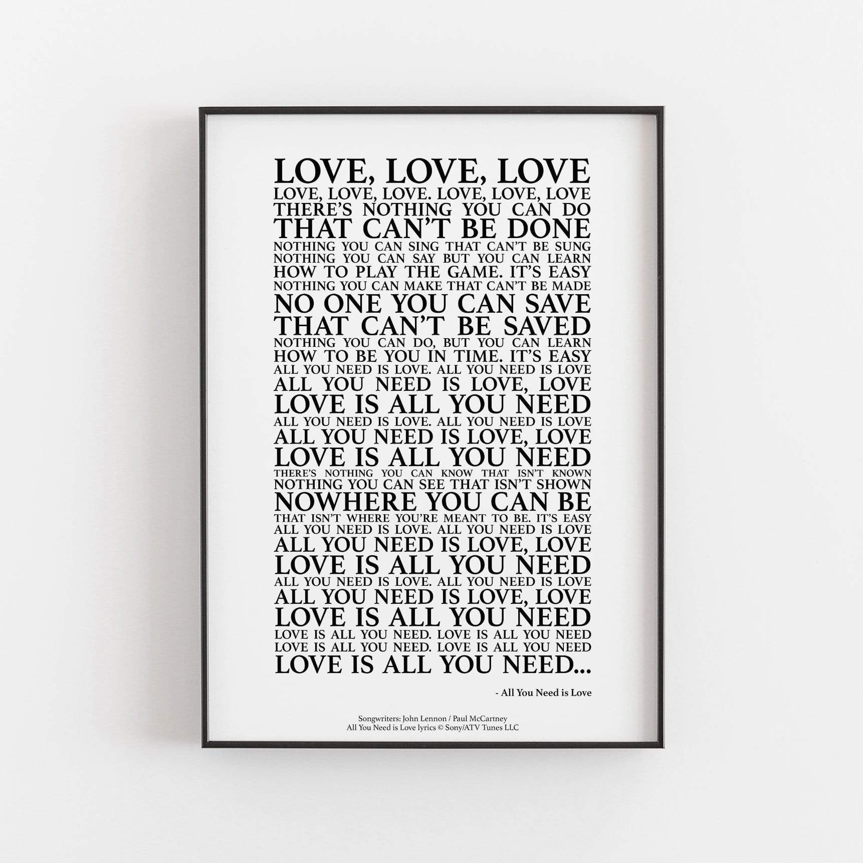 All You Need Is Love Song Lyrics Print Songprints Com