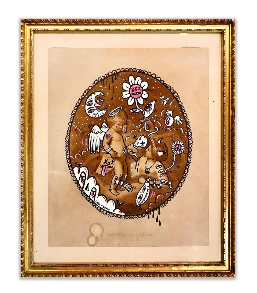 Framed gold painting of a cherub surrounded by illustrations. Luke Crump Original Artwork, Painting in Frame Street art style with graffiti line art, colourful abstract artwork. Commission a piece of original art
