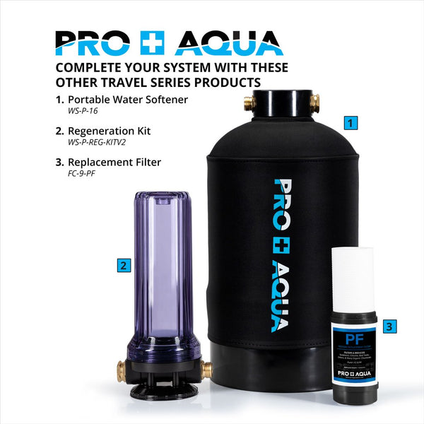 PRO+AQUA Portable RV Water Softener 16,000 Grains and Filtration System Bundle, Filter and Soften Hard Water for RV Trailers Vans