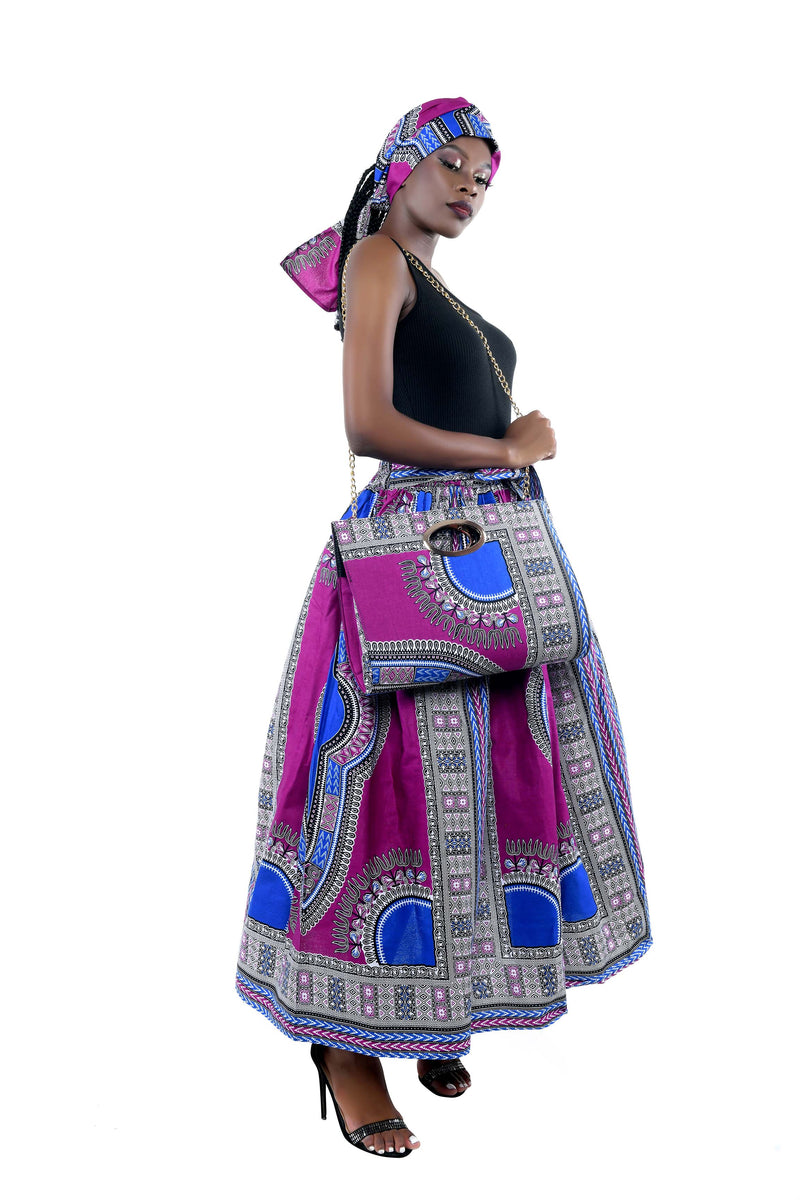 Purple Dashiki Long Maxi Skirt With Matching Handbag