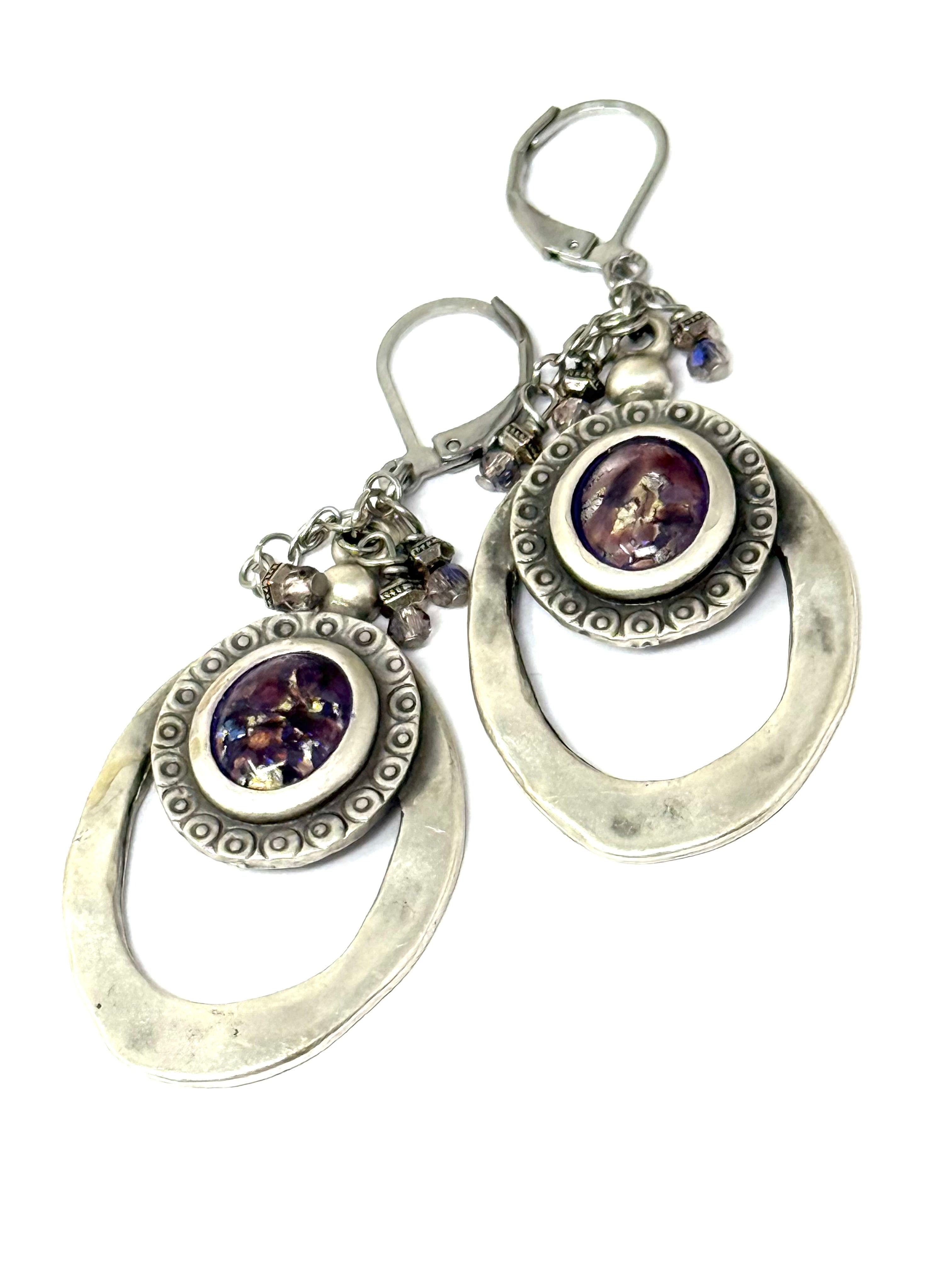 Handmade Opal Shimmer Fleck Oval Dangle Earrings #2633E