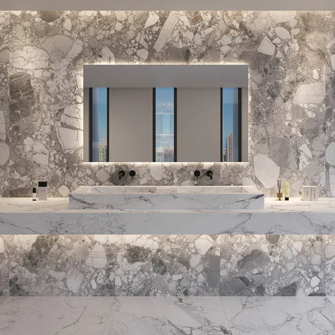 Modern Bathroom Design with Sublime Cliff 4D Shaped Marble Effect Porcelain Tile