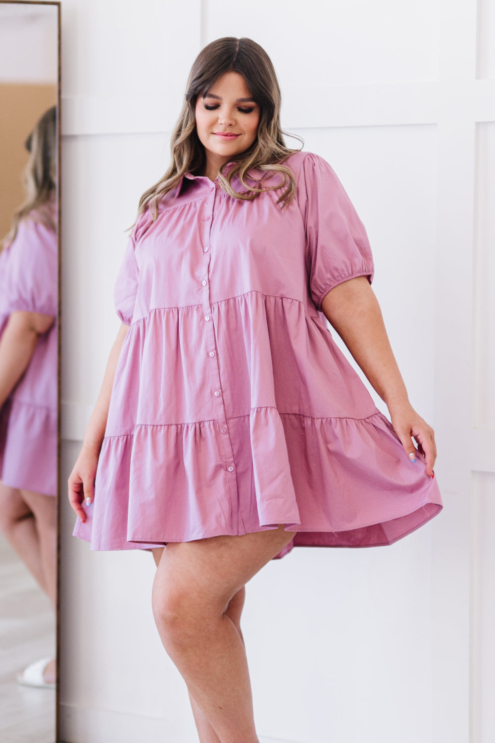 Full Size Tiered Shirt Dress in Light Rose