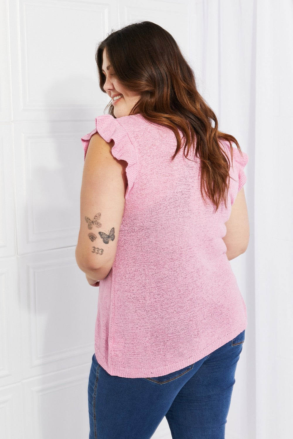 Reg/Plus Pink Flutter Short Sleeve Knit Top