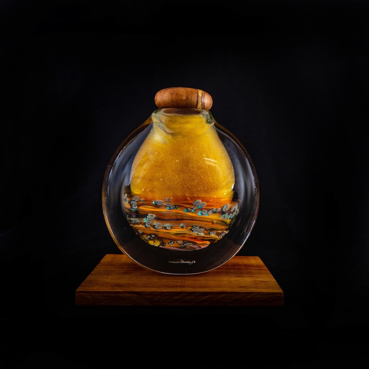 Handblown honey glass jar by Lynden Over Lava Glass