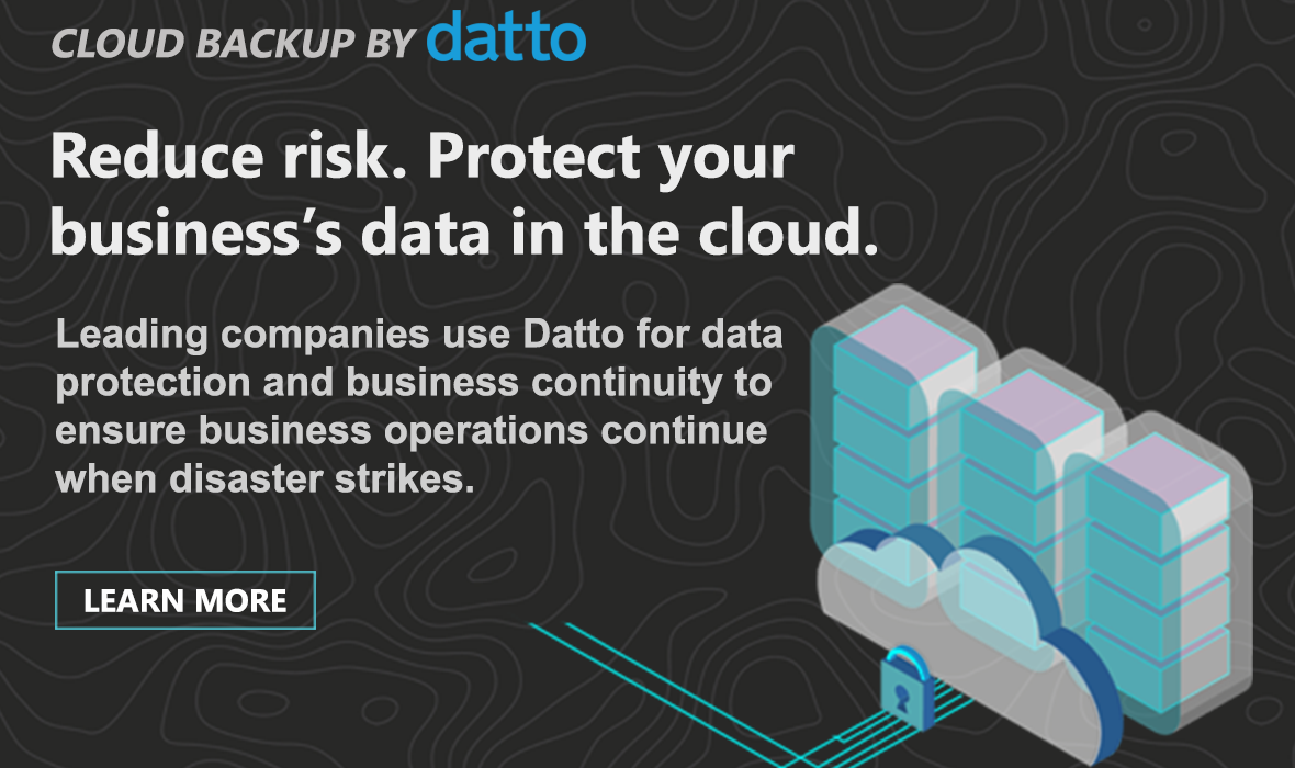 As a Top-100 Datto Blue Global Partner, we provide the best in customer service and support for your existing Datto backup devices and services, as well as new deployments. We can fully manage your Datto devices and backups or provide assistance for existing IT staff.
