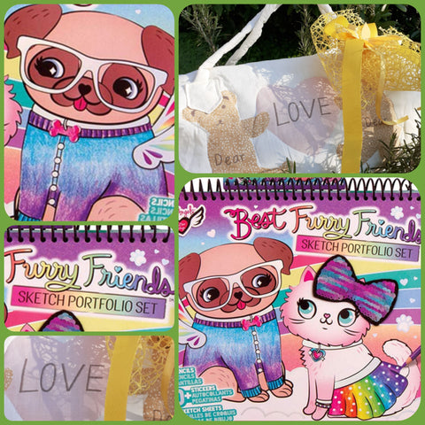 Cani gatti amici pelosetti scrapbooking bambini giochi creativi album disegno pittura con sticker adesivi borsa confezione idea regalo