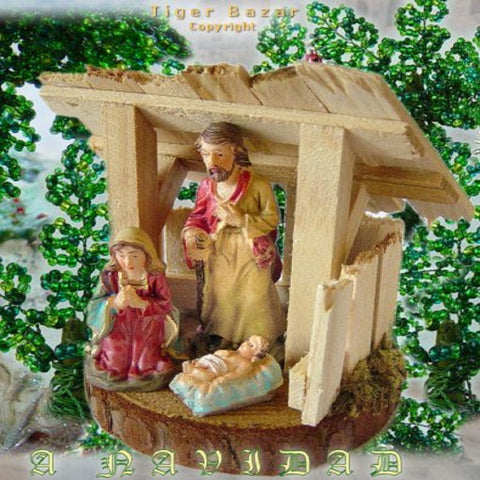 perline natale composizione stalla presepe natività capanna e bonsai mini alberello perle