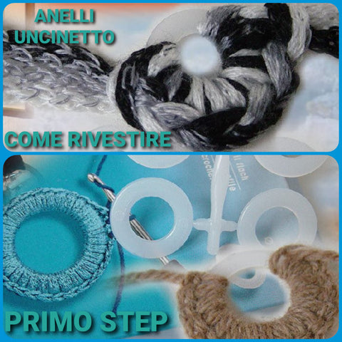 primo step come rivestire anelli uncinetto plastica per borse lavoro maglia collana