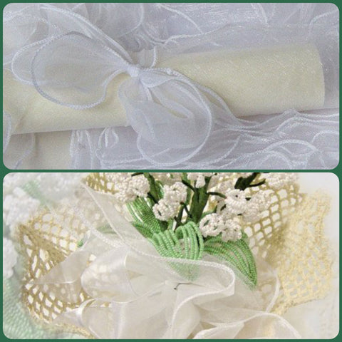 come usare nastro bianco organza bordo ondulato facile fiocco decorazioni partecipazioni pergamena bouquet sposa fiori perline