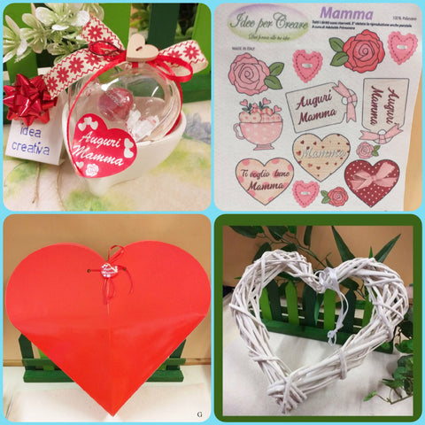 idee regalo festa della mamma creeativa packaging con cuore cartoncino rosso, base di vimini bianco viticcio cuoricino, ciotola ceramica e pannello pannolenci stampato