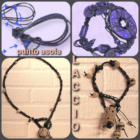 laccio collana bracciale pelle cuoio con cordini nero punto asola scoubidou di cordoncino tubolare