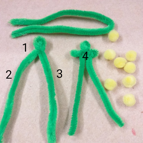 step 1 2 3 e 4 foto tutorial come creare mimosa fai da te fili pompon ciniglia giallo verde per lavoretti creativi bambini festa donna