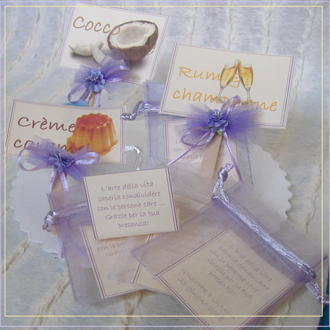 sacchetti organza lilla lavanda segnagusto per confettata matrimonio gusto confetti