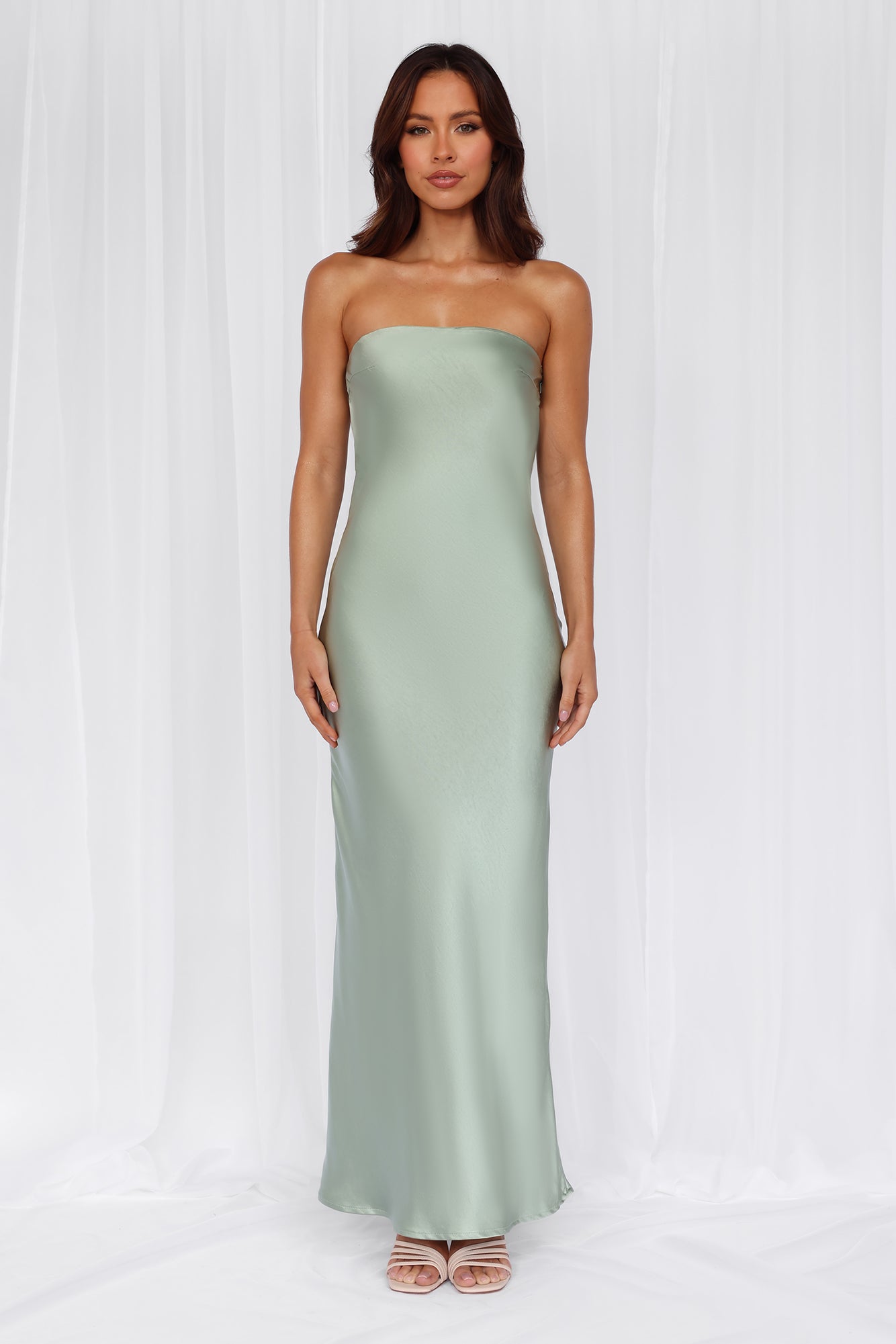 HELLO MOLLY The Felicity Strapless Satin Maxi Dress Sage - Image 2