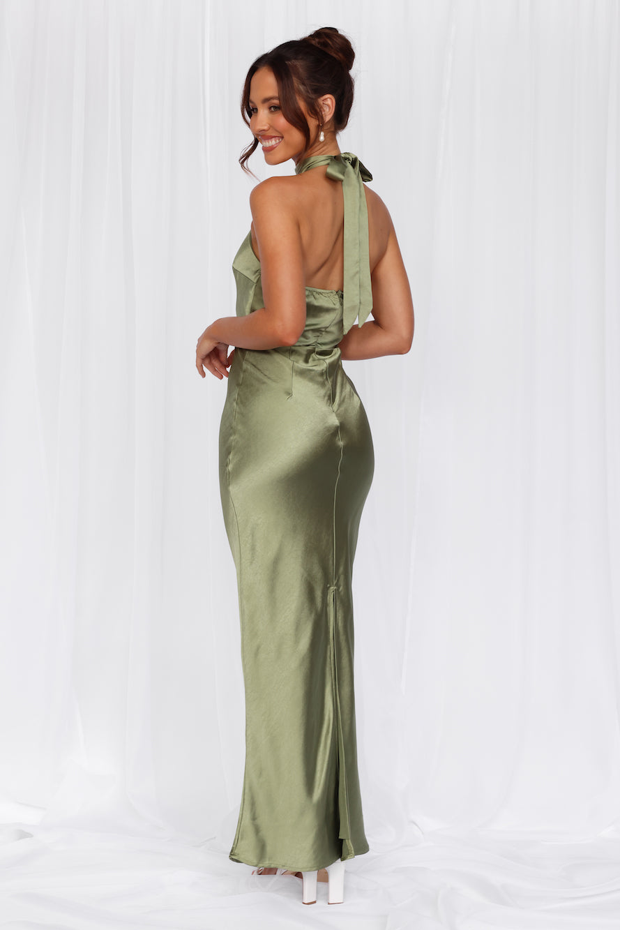 HELLO MOLLY The Cleo Halter Satin Maxi Dress Olive - Image 7
