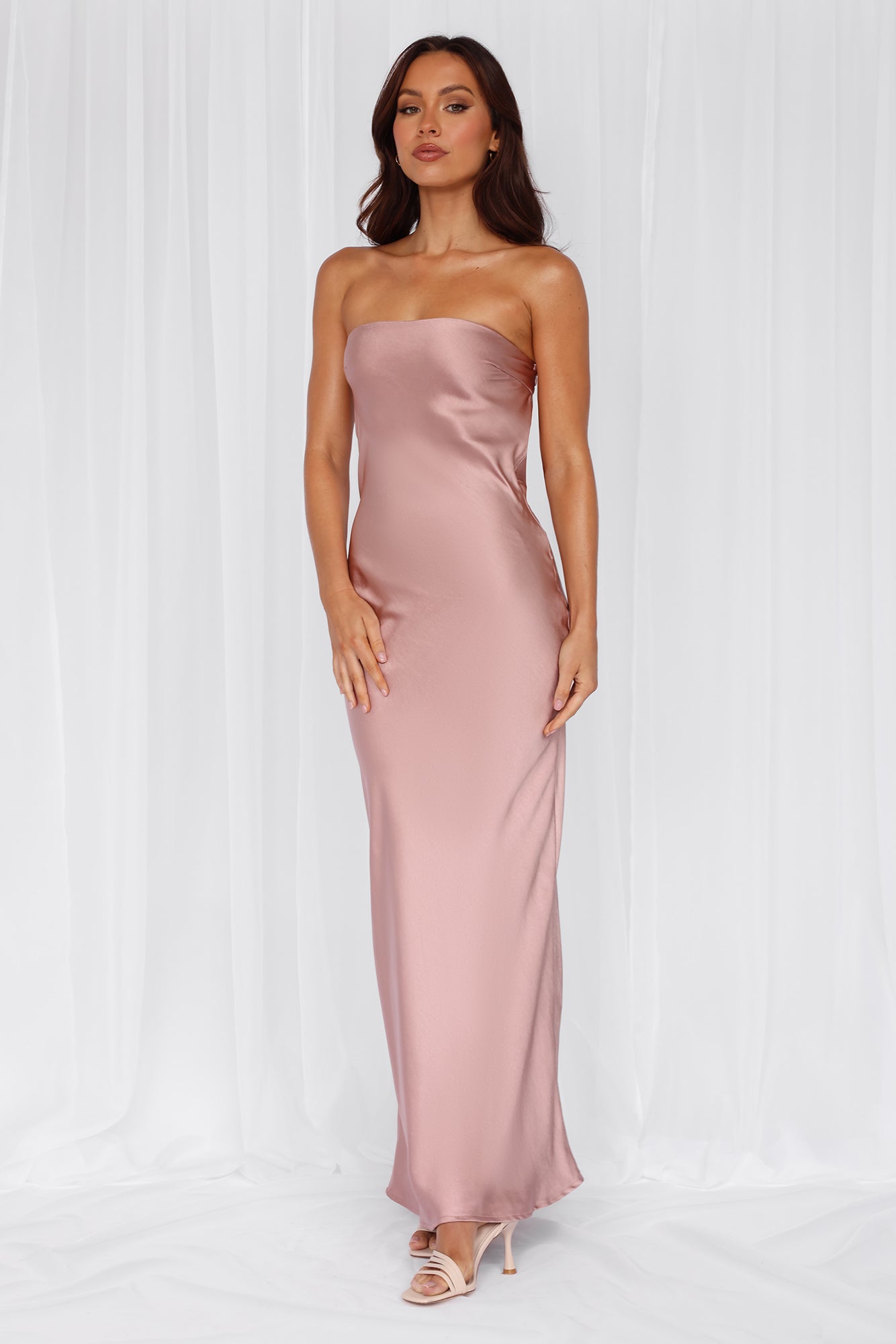 HELLO MOLLY The Felicity Strapless Satin Maxi Dress Dusty Pink - Image 6