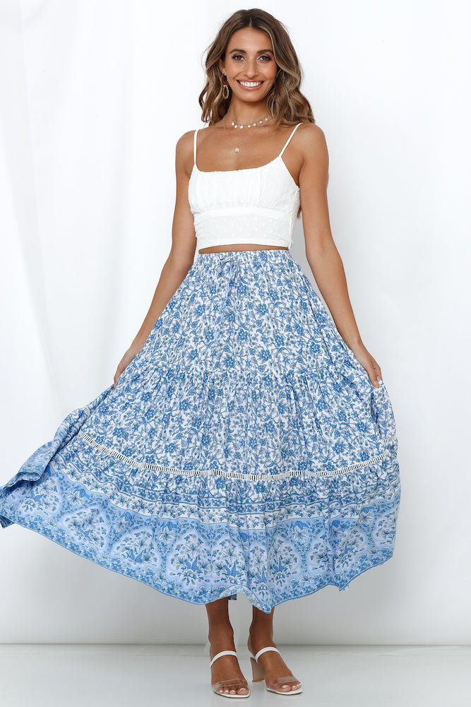 The Golden Hour Maxi Skirt White and Blue | Hello Molly