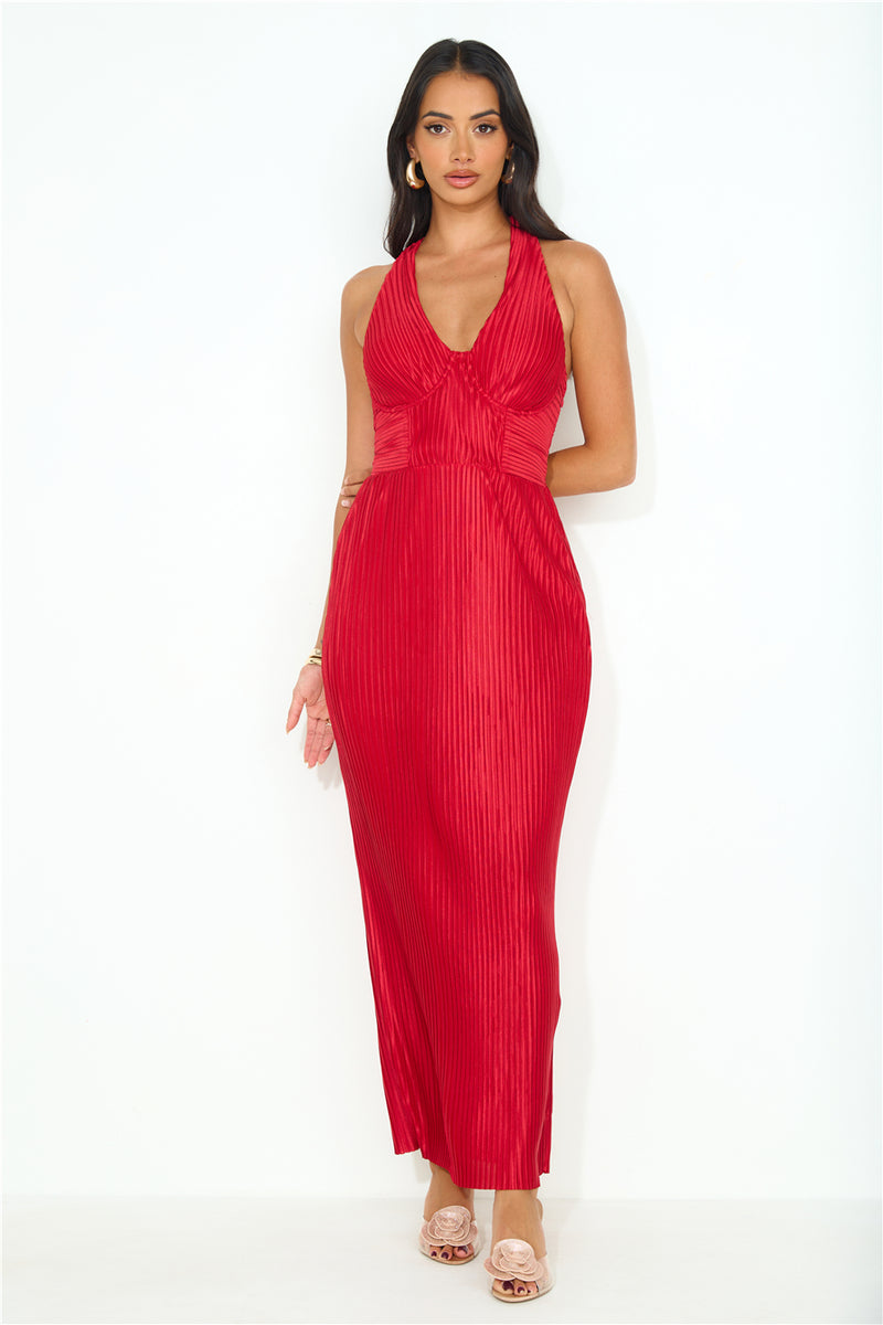 Red Bonded Satin Structured Maxi Dress