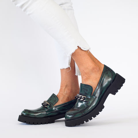 Rain Green Hi Shine loafers with chunky heels and beautful finishing