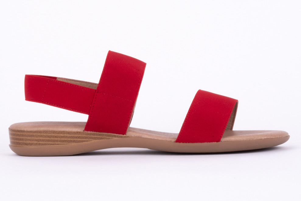 Red sandals made for long feet