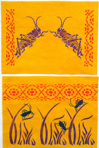 Two grasshoppers painted on cotton with the Grasshopper Stencil from Sproule Studios.