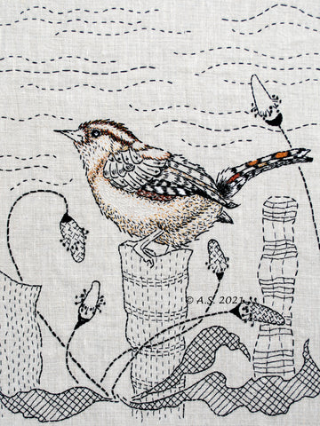 The Wren hand embroidery pattern designed by April Sproule of Sproule Studios.