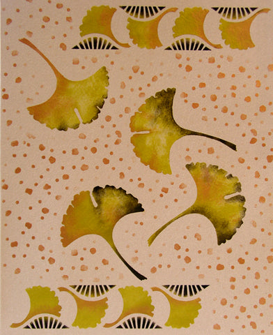 The Ginkgo Stencil can be painted on mixed media or textile arts projects.