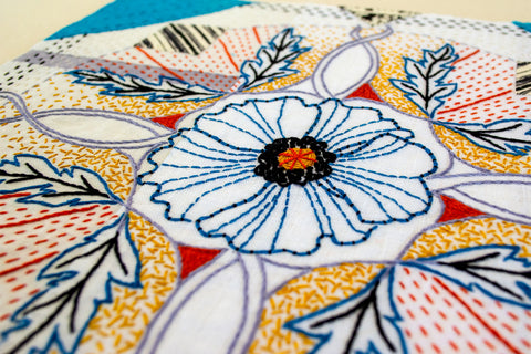 Closeup of the hand stitched Freeform Mandala