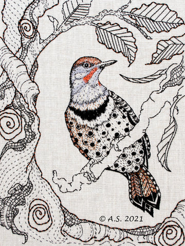 Northern Flicker woodpecker hand embroidery pattern by April Sproule for Sproule Studios.