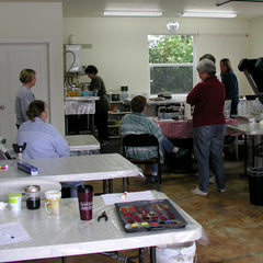 Downstairs at Sproule Studios mixed media textile arts workshop.