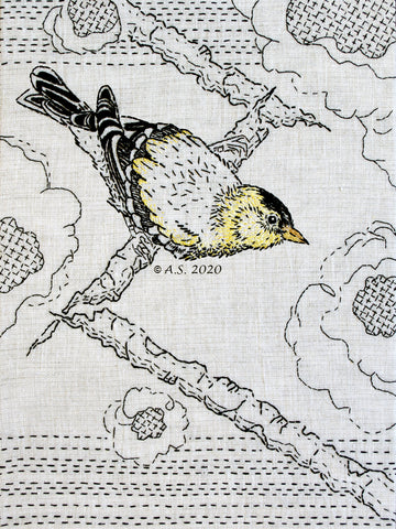 Goldfinch hand embroidery pattern by April Sproule of Sproule Studios.